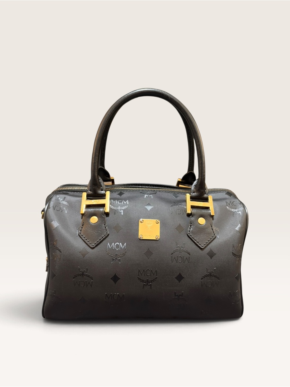 MCM Black Monogram Visetos Bowling Bag with Gold Hardware